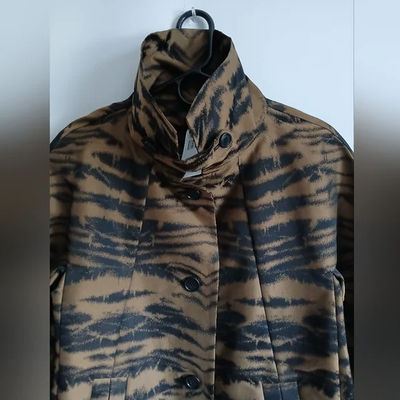 DKNY Black & Brown Animal Print Mid Length Lightweight Coat SzS Pockets - Picture 14 of 16
